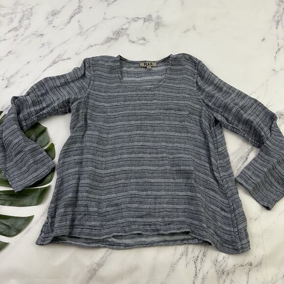 Flax Womens Linen Top Size S Blue Gray Stripe Long Sleeve Boxy Lagenlook - Picture 1 of 12
